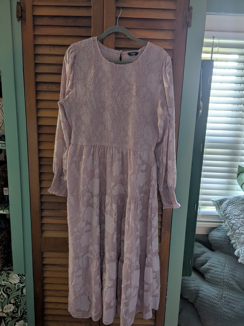 Dusty Pink Smocked Long-Sleeve Midi Dress